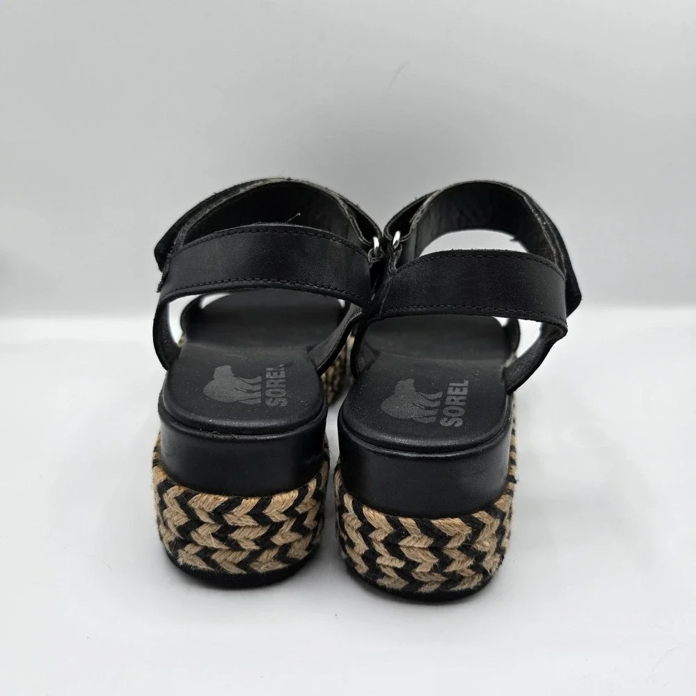 Sorel‎ Black Leather Espadrille Flatform Ankle Strap Platform Sandals 7.5